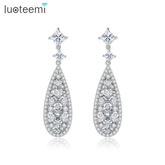LUOTEEMI Trendy Romantic Long Pendant Earrings for Women Heart Clear Cubic Zirconia Luxury Wedding Bridal Dangle Drop Earring