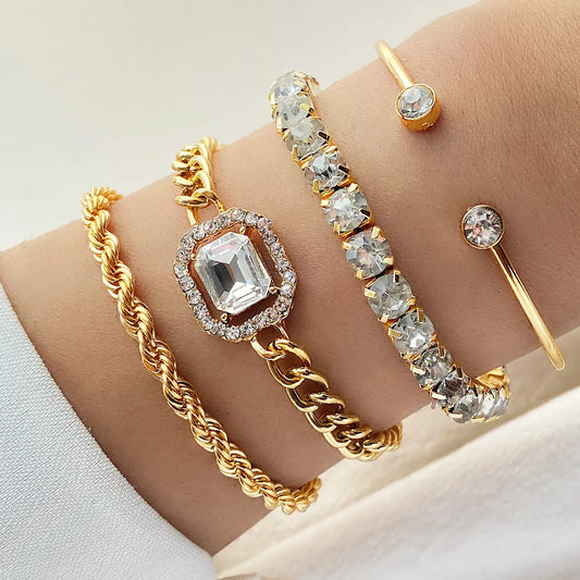 IPARAM 4 Piece Set Luxurious Bracelets for Women Crystal Shiny Adjustable Opening Chain Bracelets Punk Bangle Fashion Jewelry