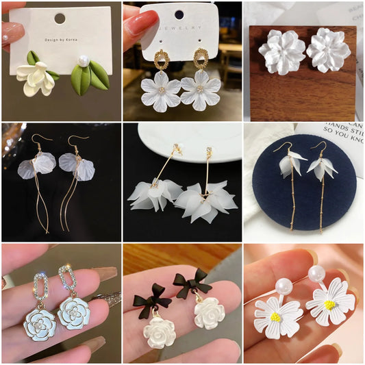 Fashion White Flower Earrings for Women Trendy Crystal Acrylic Pearl Long Tassel Drop Earrings Temperament Party Gift Jewelry