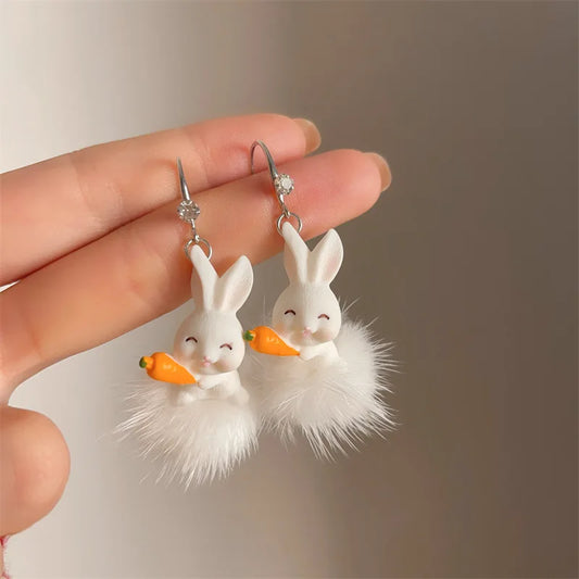 2023 New Fluffy Rabbit Drop Earrings White Plush Cute Animal Earrings For Women Girls Korean Jewelry Brincos New Year Gifts