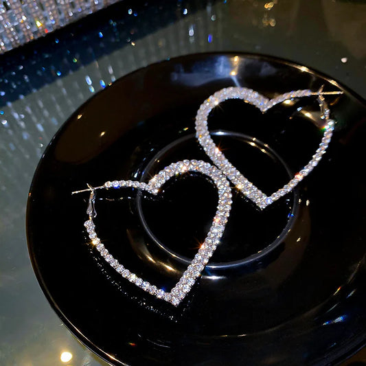 Fashion Exaggeration Personality Heart Earrings for Women Full Rhinestone Hoop Earrings Temperament Sparkle Wedding Jewelry