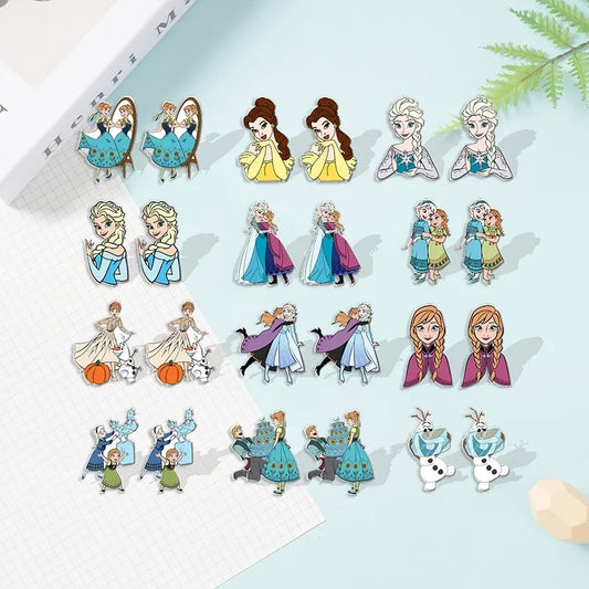 2024 New Disney Cartoon Earrings Elsa Anna Frozen Princess Series Jewelry Accessories Ear Clip Jewelry for Girls Childrens Gifts