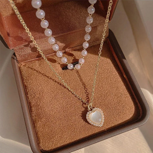 Cute Love Heart Shaped Pendant Necklace Pearl Chain Shiny Fashion Women Aesthetic Choker Wedding Party Jewelry Gift