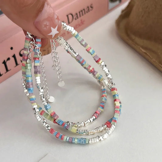 925 Sterling Silver Bracelet Colorful Beads Squares Asymmetric Geometric For Woman Girl Fashion Jewelry Gift Dropship Wholesale