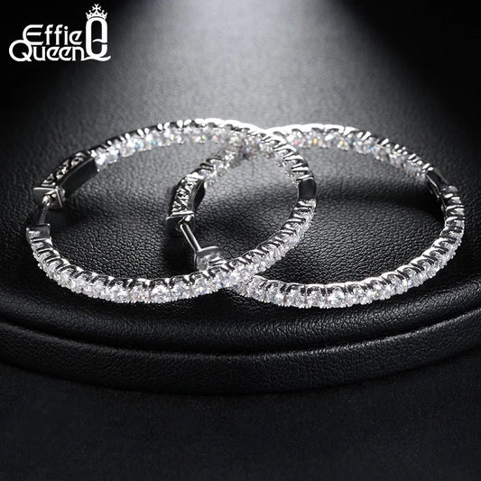 Effie Queen Women Big Round Hoop Earrings Luxury Cubic Zircon Vintage Eternity Circle Loop Earring Silver Color Jewelry DE137