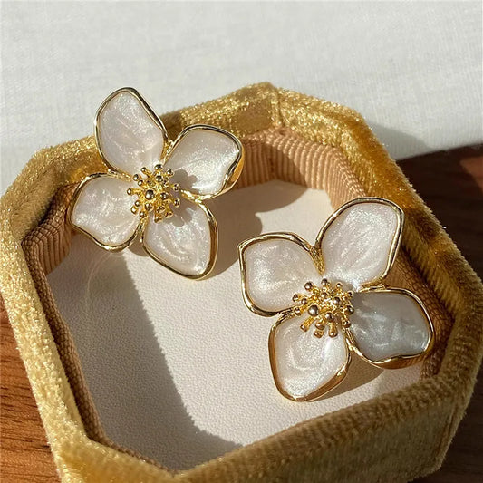 Hibiscus Dropped Glaze Flower Stud Earrings for Women Girl French Ins Vintage 2023 Fashion Korean Wedding Romantic Jewelry Gifts