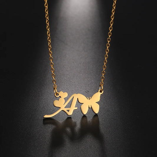 New Fashion 26 Initials Letter Pendant Butterfly Necklace for Women Elegant Stainless Steel Gold Color Necklace Jewelry Gift