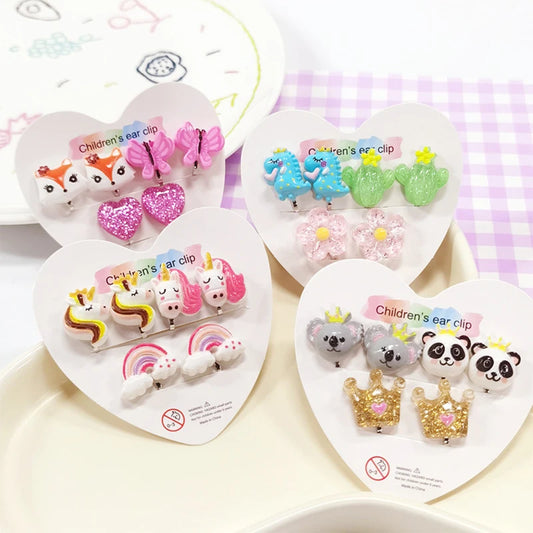Christmas Gift for Children Non Piercing Girls Kids Earrings 5PRS Mixed Cute Unicorn Panda Cat Clip on Earring
