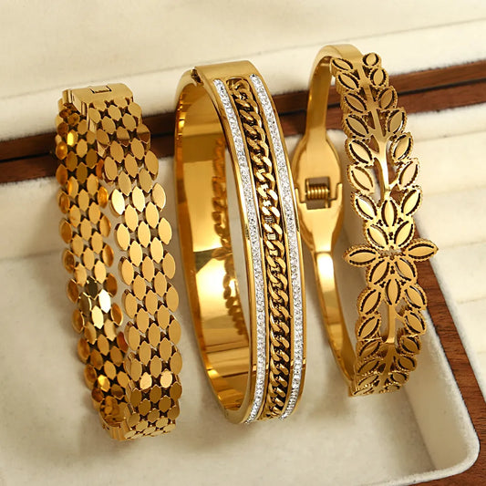 DODOHAO Personality Beautiful Inlaid Zircon Woman Stainless Steel Bangles Bangles Luxury Shiny Cubic Zirconia Gold Color Jewelry