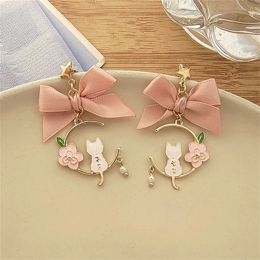 Korean Fashion Bow Rabbit Asymmetric Dangle Earrings for Women Sweet Cute Cartoon Kitten Flower Tassel Earrings Jewelry Gifts