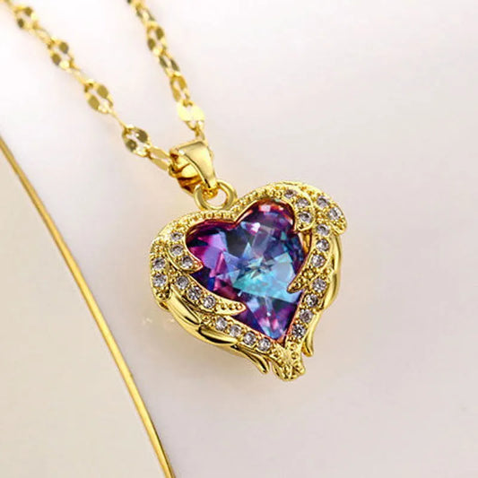 Fashion Simple Creative Ocean Heart Necklace Exquisite Heart Angel Wings Colorful Crystal Pendant High Quality Gifts for Girls