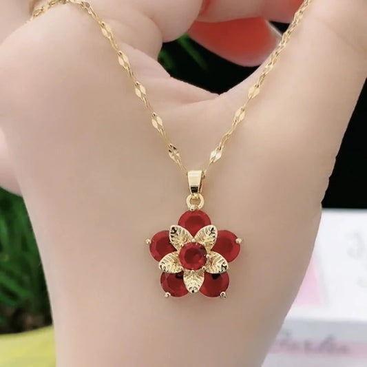 Fashion retro light luxury cherry blossom peach blossom necklace European and American red zircon flower pendant gift